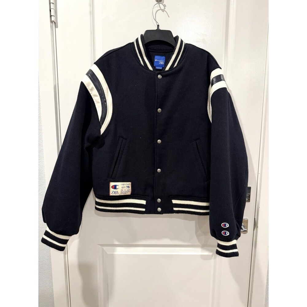 Zara x Champion Varsity Jacket Black Jagged Granite Peaks Class of 75 Size M - Picture 3 of 16